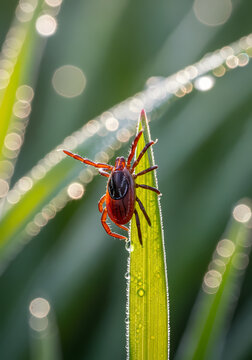A dangerous tick crawling on a green blade of grass in the morning dew.