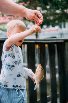 Child catches fish while fishing at a lake on a sunny day