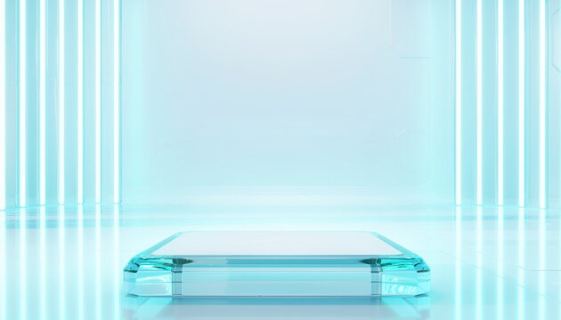 Modern neon glass podium background ネオンの光が輝くガラスの台座背景