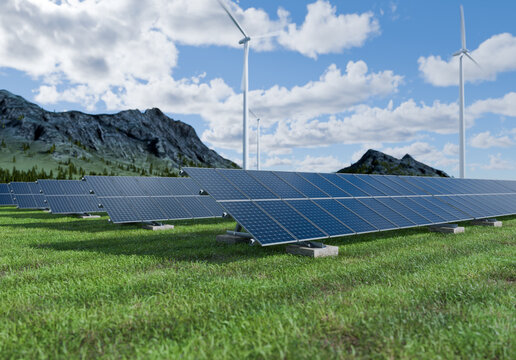 A solar farm featuring rows of solar panels