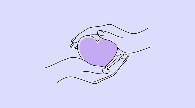 Minimalist paper cut illustration of two hands gently holding a purple heart shape on light background