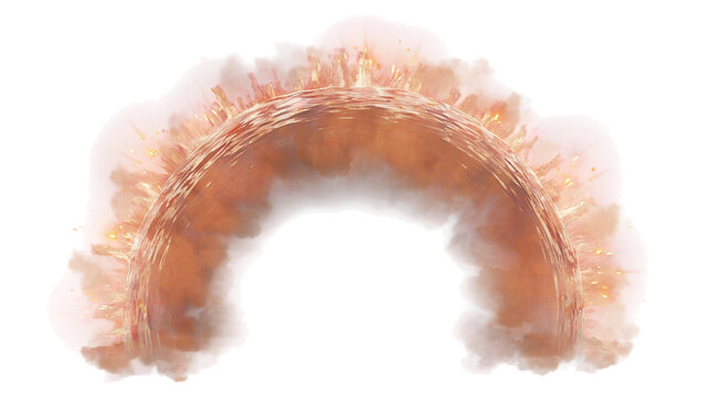 Arched fire shockwave with smoke and glowing rim, on transparent background