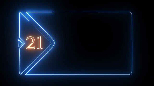 Glowing blue neon frame with number twenty one in a triangle shape on a dark black background