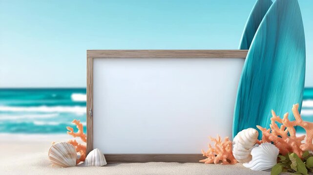 Beach blank frame surfboards seashells coral summer seascape sandy shore turquoise ocean space for text coastal vacation concept