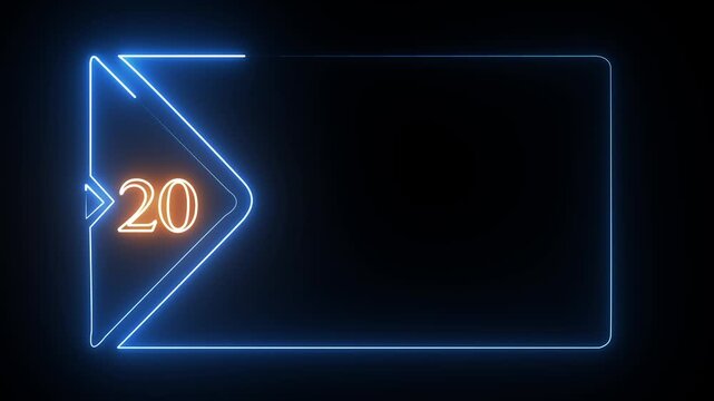 Neon blue rectangular frame with orange number twenty inside a glowing triangle on dark background