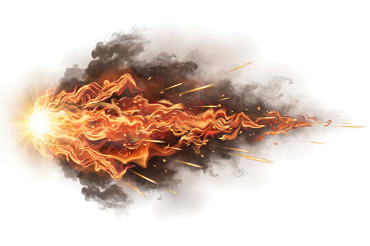 Horizontal fire streak with bright flare and smoke trail, on transparent background
