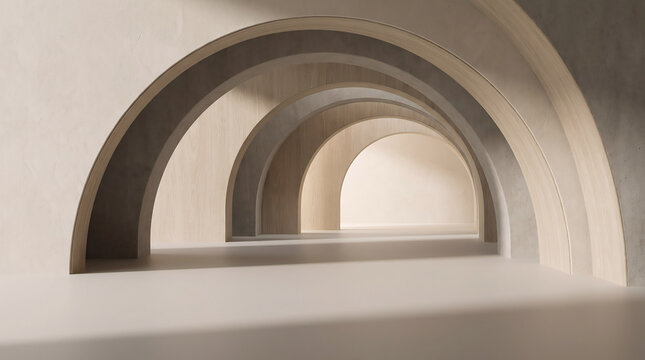 First time here concept featuring abstract architectural arched hallway design with neutral tones and soft lighting for minimalist interior backgrounds