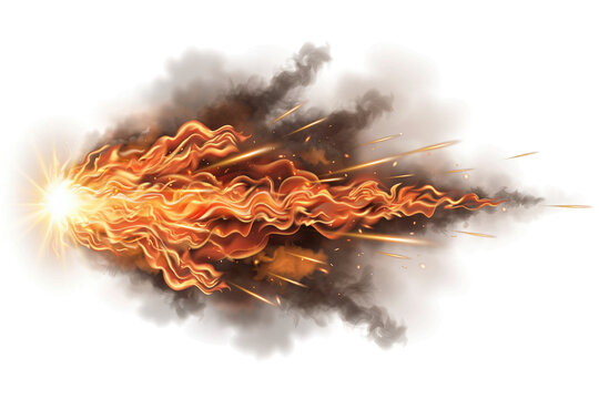 Streamlined flame trail with sparks and smoky wake, on transparent background