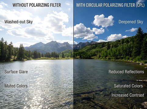 Comparing the effects of a circular polarizing filter on a landscape photo, enhancing colors and reducing glare