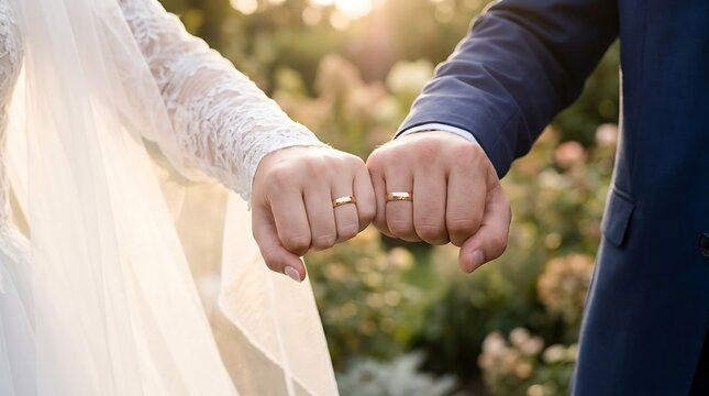 Close up of bride and groom showing wedding rings during sunset outdoors with marriage engagement commitment together