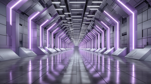Metaverse tunnel nft environment corridor futuristic corridor with purple neon lights and metallic walls in sci-fi spaceship interior hallway