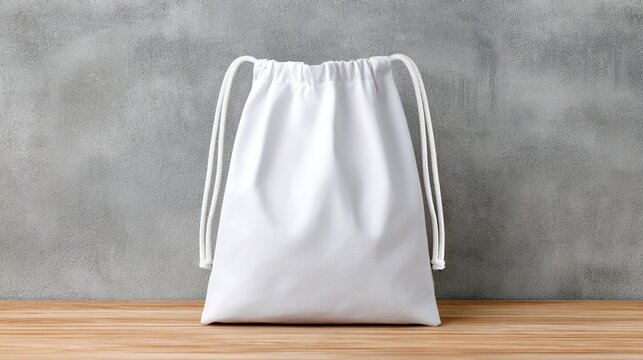 A plain white drawstring bag sits on a wooden surface against a textured gray wall background.