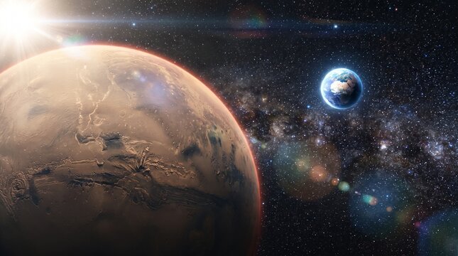 Mars and Earth planets in deep space with starry background