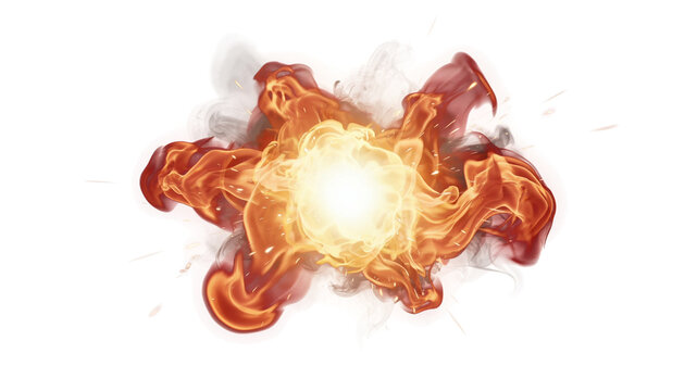 Bright fire orb with sweeping flame ribbons and smoke, on transparent background