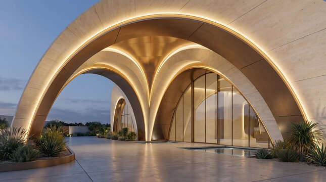 First time here at this stunning modern architectural marvel featuring grand arched stone structures and ambient golden lighting at a luxury villa entrance