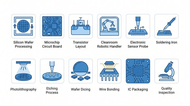 Set of Semiconductor Manufacturing and Microelectronics Process Icons