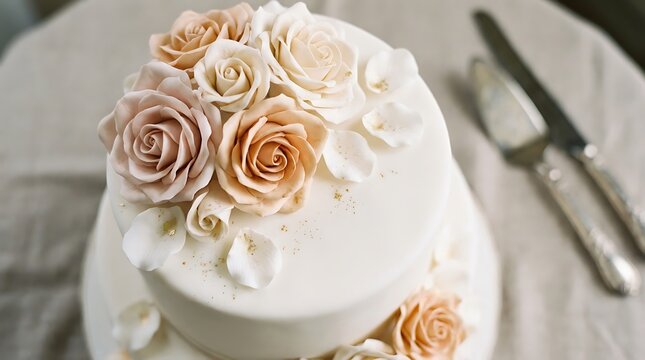 Tiered wedding cake decorated with edible sugar roses and floral details confection celebration reception marriage