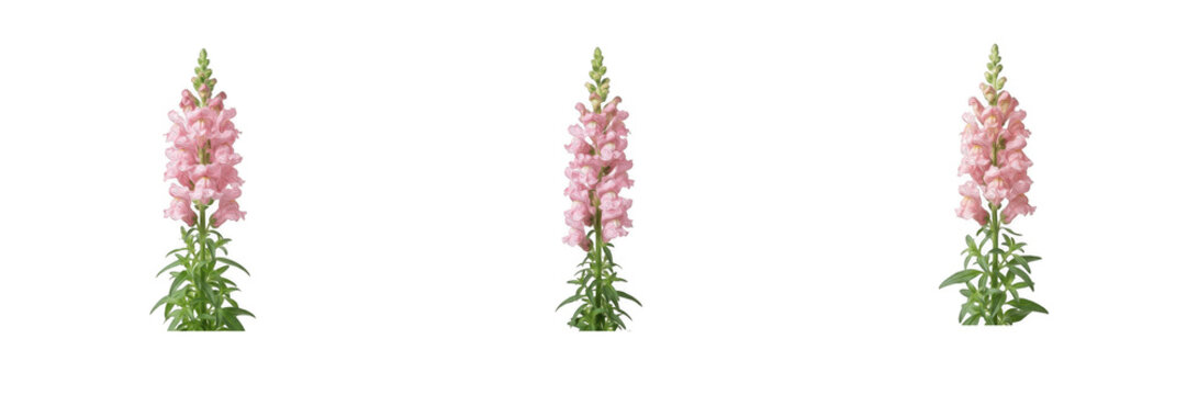 Pink snapdragon flower set isolated on white background, Antirrhinum majus botanical stalk collection for spring garden floral design, blooming pink blossom cutouts, nature plant elements, PNG transpa