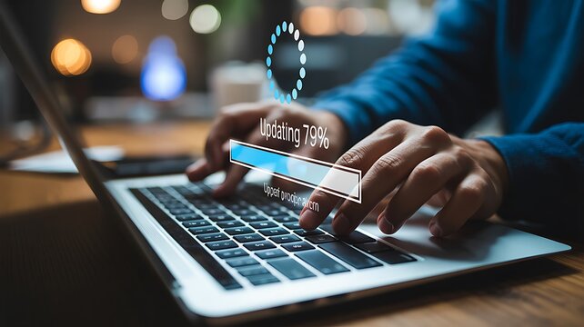Programmer types on a laptop while a system update is loading.