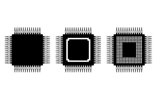 Microchip and computer processor icon set featuring integrated circuit CPU chips, semiconductor hardware, and electronic component silhouette vector illustration.