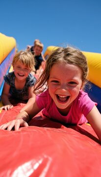 Children sliding down inflatable slide at outdoor event