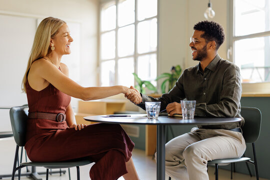 Business professionals shaking hands, sealing a partnership deal