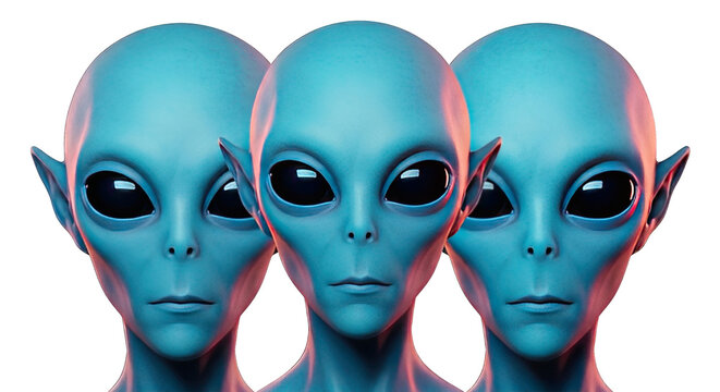 Three blue aliens with large eyes and pointed ears, isolated on white background.