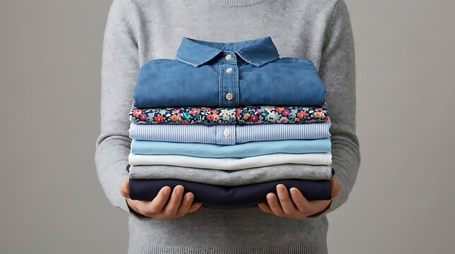 Person holding a stack of neatly folded clean clothes and shirts after laundry against a grey background
