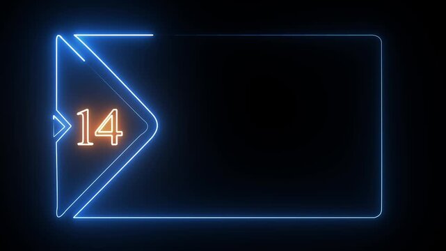 Glowing blue neon frame with the number fourteen in an orange light design