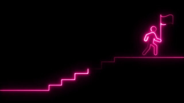 Animated neon icon of a running man with a flag climbing upward arrows. Represents business progress, goal achievement, and a journey to success. Glowing neon  on black background animation 