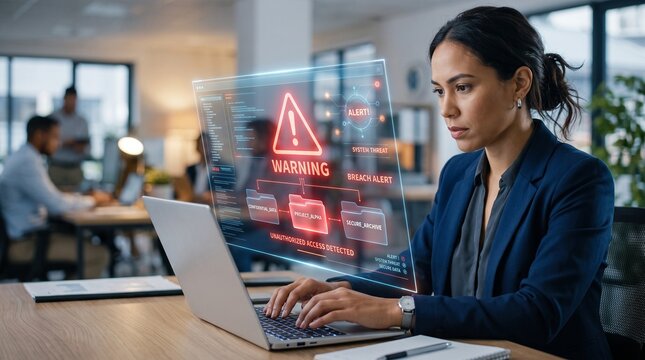 Cybersecurity and cybercrime. Person working on a laptop with a projected cybersecurity alert on a virtual file and document interface, highlighting data breach risk, hacking and spam.