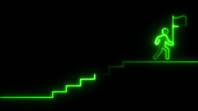 Animated neon icon of a running man with a flag climbing upward arrows. Represents business progress, goal achievement, and a journey to success. Glowing neon  on black background animation 