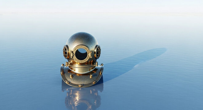 Vintage Brass Deep Sea Diving Helmet on Reflective Blue Water
