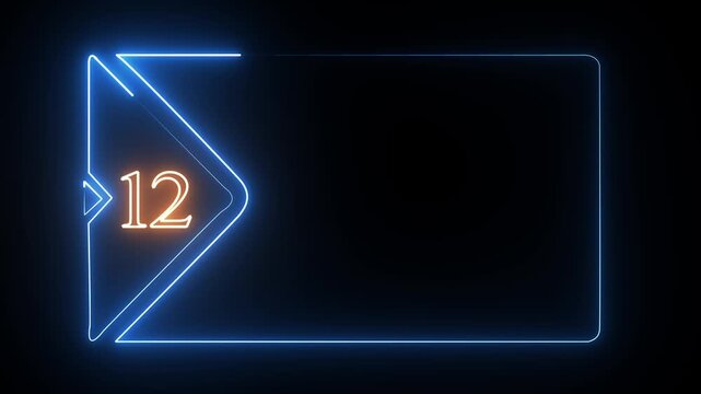Glowing blue neon frame with the number twelve in orange light on a dark black background