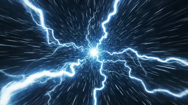 Abstract concept of hyper speed and energy lightning bolts bursting from a bright core in deep space