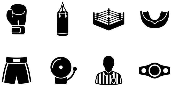 Boxing Icons Set, Combat Sports Equipment Vector Graphics, Fight Night Championship Symbols, Martial Arts Training Gear Collection