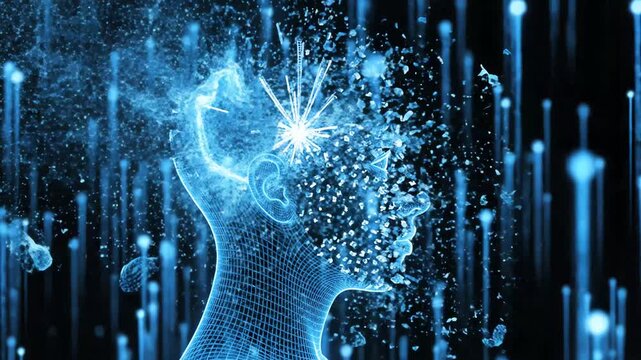 abstract digital human head exploding with blue particles and data streams