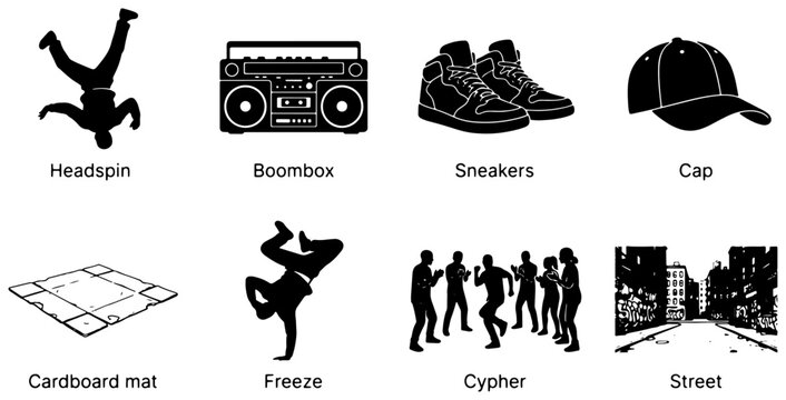 Urban Hip Hop Culture Icons: Breakdancing, Boombox, Sneakers, Street Scene, Cypher, 8 Icons Vector Set