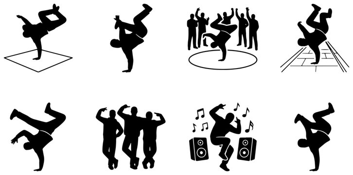 Breakdance Silhouette Icon Set, Hip Hop Dance Moves, Urban Street Style, DJ Music Party, Group Dance Celebration, Dynamic Bboy Poses, Vector Graphics Collection