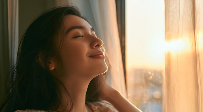 A young Asian woman stands near an open window at sunset, in the golden hour. With her eyes closed, she smiles serenely, relishing the gentle sunlight. The girl feels content and relaxed, resting comf