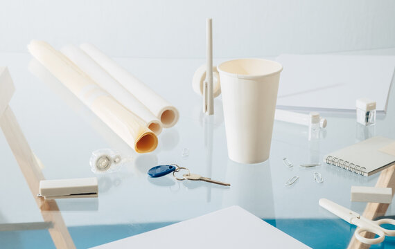 Scattered items on office desk 