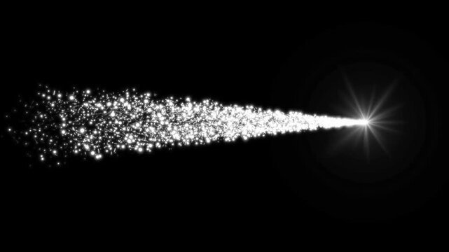 White glowing particle trail with matte alpha channel magic comets flying across black background animation