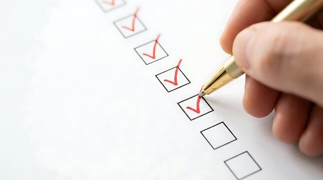 Hand with pen filling in checklist with red checkmarks