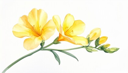 Fototapeta premium Elegant watercolor illustration of a blooming yellow freesia flower isolated on a clean white background.
