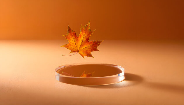 Vibrant maple leaf floating above a glass podium against a warm orange background capturing the essence of the Autumn season in a minimalist style