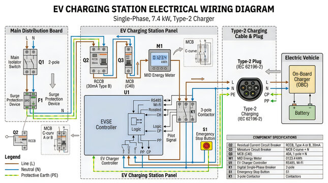Electrical wiring diagram for an electric vehicle charging station