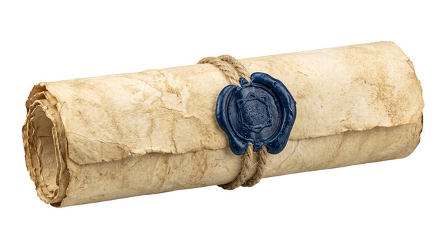 Old parchment paper scroll tied with rustic hemp rope and sealed with blue wax stamp isolated on transparent.