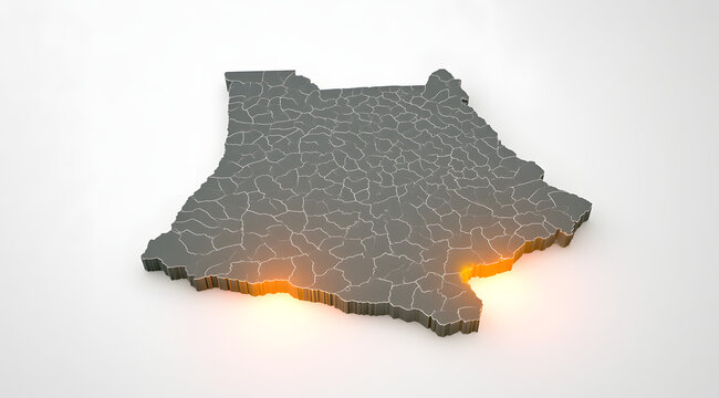 A three-dimensional grey map of Ghana, showcasing one bright, glowing, and cleanly rendered highlight for the southern region on a white background