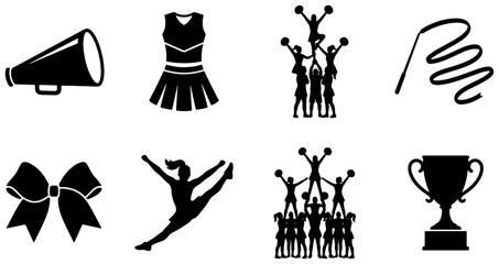 Obraz premium Cheerleading Icons Set: Megaphone, Uniform, Pyramid, Trophy, Bow, Dancer, Ribbon, Sports Team Spirit Vector Graphics