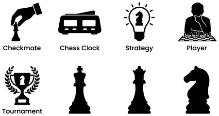 Chess Icons Set: Strategy, Tournament, Checkmate, Player, King, Queen, Knight, Clock, Lightbulb Idea, Trophy - Vector Graphics for Board Game Concepts © Zubaraj